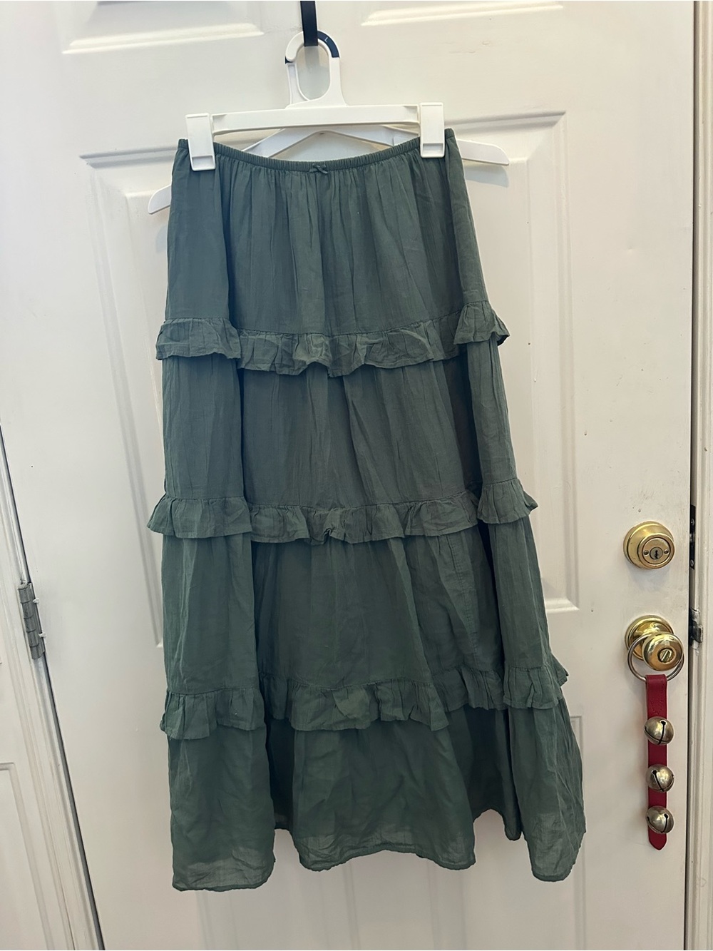 aerie Olive Tiered Ruffle Maxi Skirt